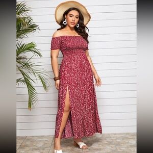 SHEIN Plus Off-Shoulder Smocked Ditsy Floral Red Maxi Dress Boho Summer 0X/12